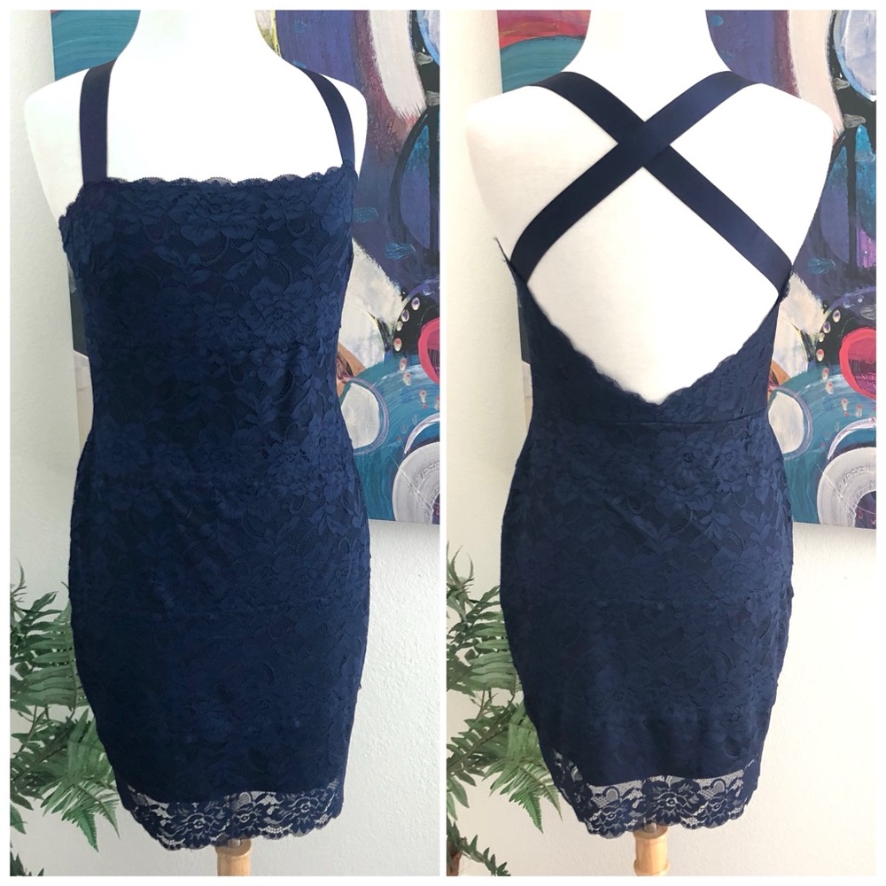 Guess Sleeveless Navy Lace Mini Dress - Picture 3 of 7